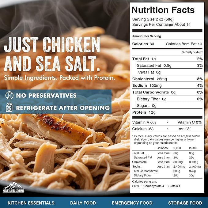 MOUNTAIN ESSENTIALS Fully Cooked Canned Chicken 28 Oz – White Meat for Daily Meals, Camping & Emergency Food – Great for Snack, Lunch, Dinner Recipes – 5-Year Shelf Life – Made in USA – Pack of 6
