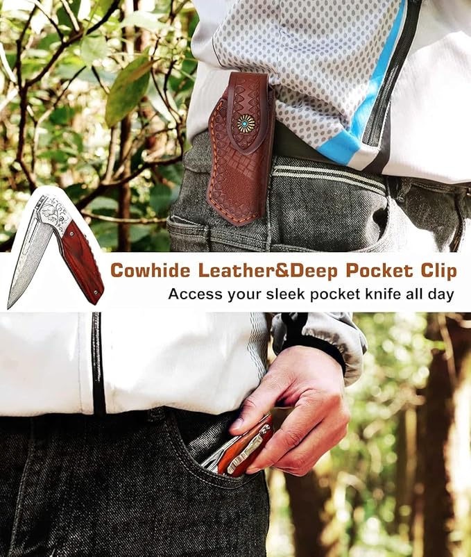 Damascus Pocket Knife For Men,EDC Red Sandalwood Handle Small Folding Knife For Hunting Camping Outdoor Hiking With Sheath