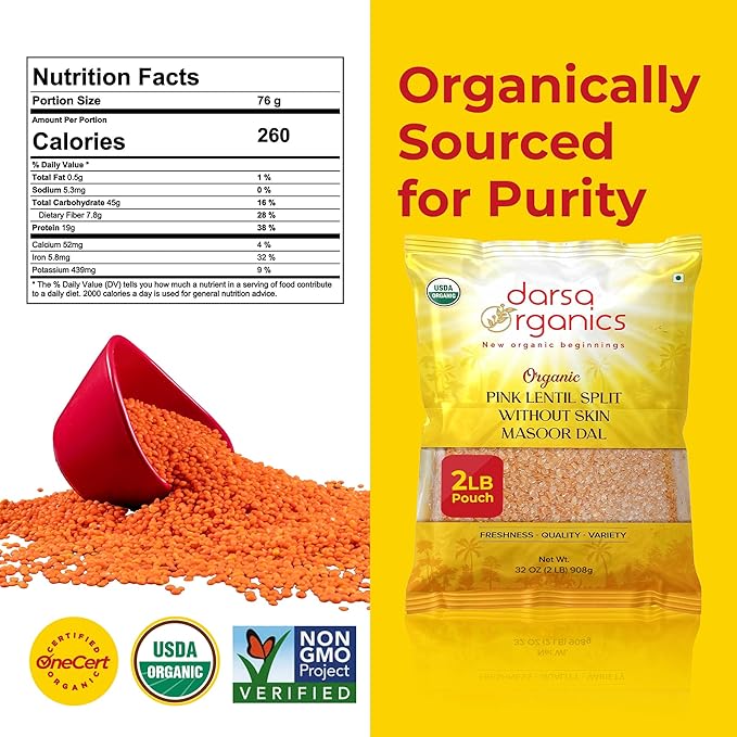 Darsa Organics Split Red Lentils (Masoor Dal) 2 lb |USDA Organic, Non-GMO, Gluten-Free Vegan, Kosher| Rich in Protein & Fiber | Great for Soups, Salads & Curries