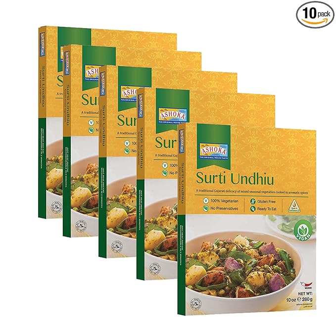 Ashoka Microwavable Meals 1932, Plant-Based Curry, Mixed Vegetables, All-Natural Entrees, Surti Undhiu, Kosher Certified, Traditional Indian Food, Gluten-Free & with No Preservatives, Pack of 10