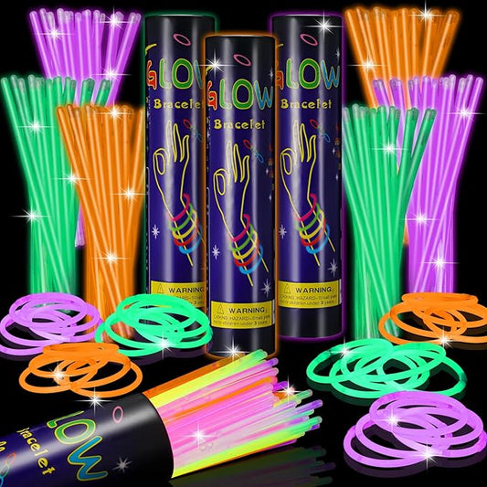 Hanaive 300 Pcs Glow Sticks Bulk 8 Inch Glow in The Dark Party Favors Neon Bracelets and Necklaces Light up Sticks with Connectors for Holiday Birthday Party Supplies(Orange, Green, Purple)
