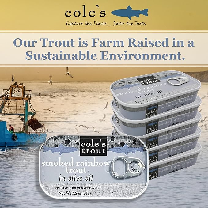 COLE?™S - Smoked Trout Fillet with Extra Virgin Olive Oil | 3.2oz Hand-Packed Canned Fish | High in Protein & Vitamin D | Preservative Free | Pack of 10