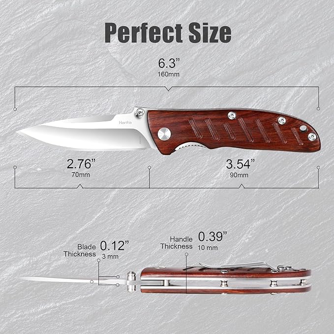 Harita Pocket Knife Folding Knife EDC Knife with Pocket Clip, 2.76 inch 8Cr13MoV Steel Blade, Rosewood Handle, Foldable Camping Fishing Survival Hunting Liner Lock Knife for Men Women