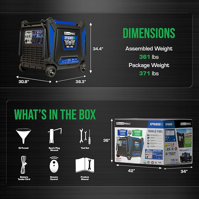 DuroMax XP16000iH 16,000-Watt Dual Fuel Portable Digital Inverter Generator - Gas & Propane, Remote Electric Start, Whole Home Power Backup, Transfer Switch Ready, RV & Emergency Ready