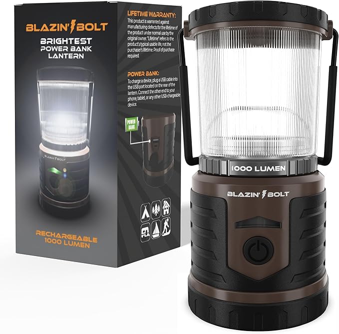 Blazin Bolt Rugged USB Rechargeable Lantern | 12000mAh Power Bank | 1000 Lumen | 350 Hours of Light | 6 Modes | Camping, Emergency, Power Outage, Storm, Blizzard, Hurricane Survival