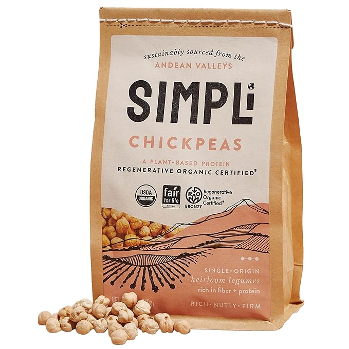 SIMPLi Regenerative Organic Certified Chickpeas, High in Fiber and Protein, Plant-Based Protein, Glyphosate-Free, Dense and Earthy Flavor, 12 oz
