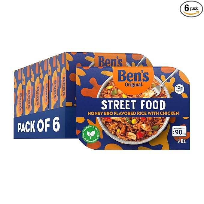BEN'S ORIGINAL Street Food Honey BBQ Flavored Rice with Chicken, Prepared Entrée, Microwave in 90 Seconds, 9 oz (Pack of 6)