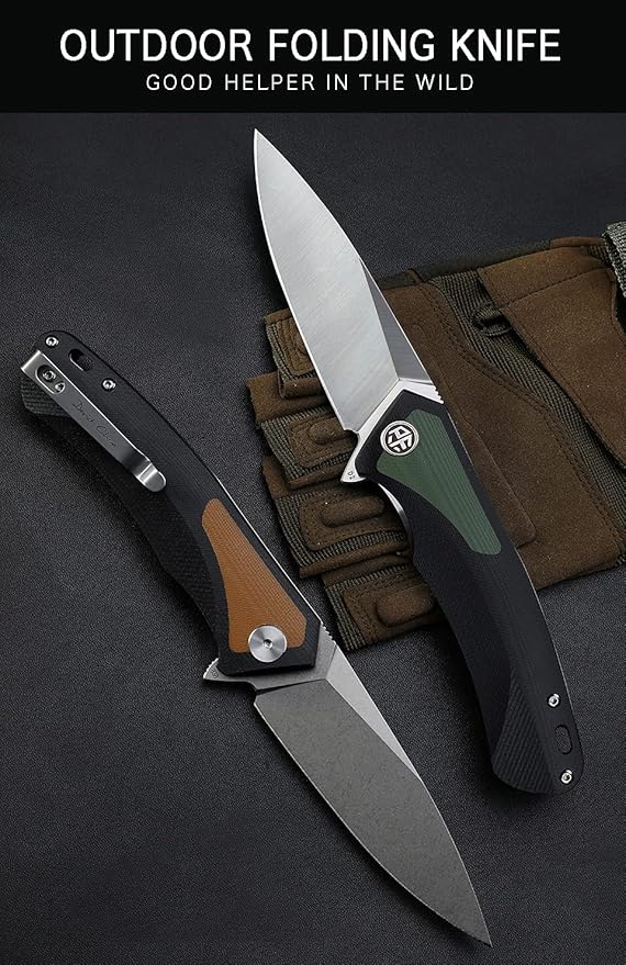 Petrified fish PF838 3.74" D2 steel folding knife outdoor tactical pocket knives G10 handle camping hunting Cutter EDC tool (Green, satin)