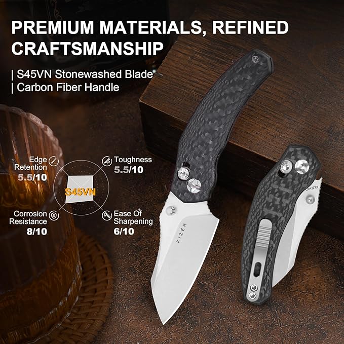 Kizer Mini Bulldog Pocket Knife, 2.5??S45VN Sheepsfoot Blade Folding Knife, Carbon Fiber Handle Clutch Lock Small EDC Knife for Men Women Gift, Camping Hunting Knives Ki3672SA3