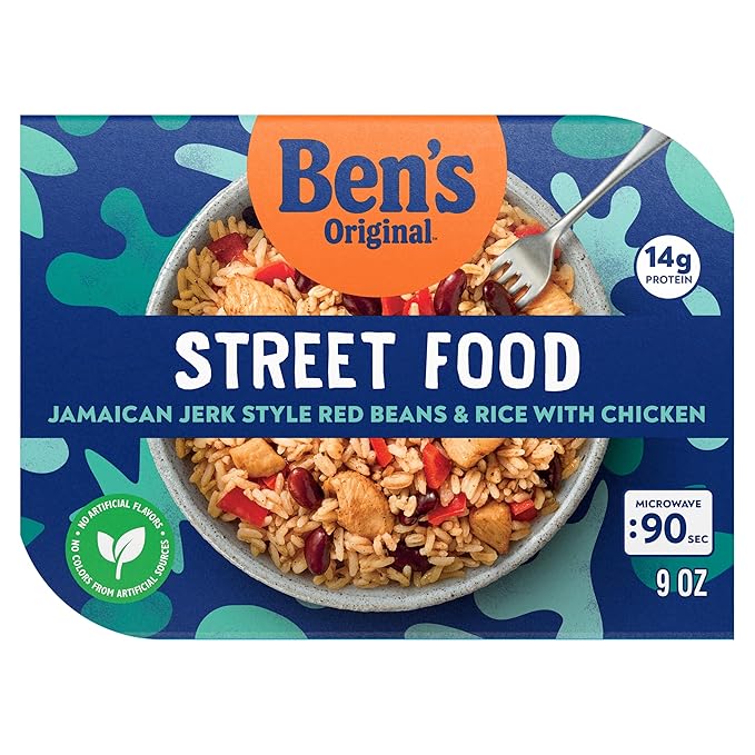 BEN'S ORIGINAL Street Food Jamaican Jerk Style Beans & Rice with Chicken, Prepared Entrée, Microwave in 90 Seconds, 9 oz (Pack of 6)