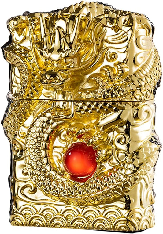 Cool Lighters, Windproof Carving Dragon Antique Lighter, Reusable Kerosene Grinding Wheel Lighter for Collection, Decorative, Gift, Present (Without Fuel) (Gold)