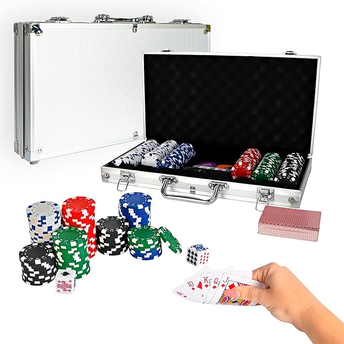 Sunny Days Entertainment Elbow Room Games 300 Piece Poker Set, Includes Colored Chips, Dice, Dealer and Blind Chips, Deck of Cards in a Carrying Case