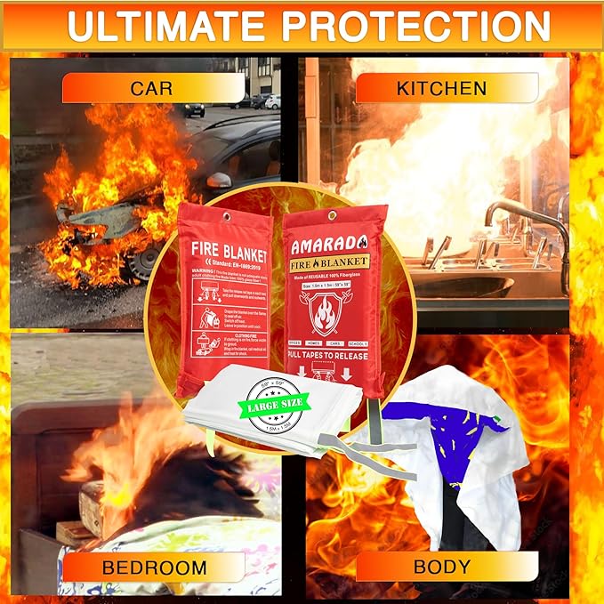 | 2 Pack Emergency Fire Blanket | Large Size 59"x 59" | Ideal for Kitchen, Schools, Offices, Cars, Camping, BBQ, Outdoor Activities