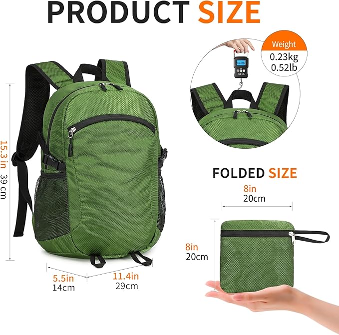 Small Hiking Daypack,15L Water-Resistant Hiking Backpack Packable Lightweight Travel Day Pack for Women Men (Green, Small)