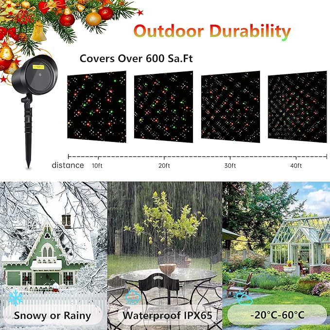 Christmas Laser Outdoor, Christmas Projector Light Outdoor Waterproof, Landscape Spotlight Red & Green Xmas Stars Show for Halloween, Holiday Decor for House, Party, Garden