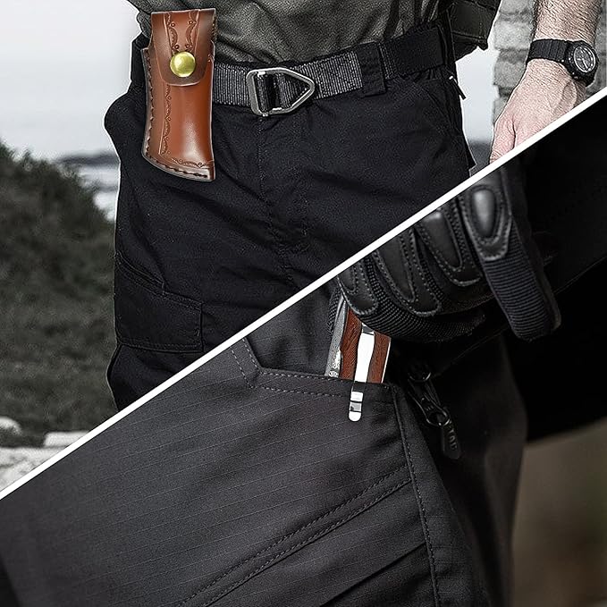 AUBEY Damascus Pocket Knife with Clip, Folding Knives with VG10 Damascus Steel Blade, Wooden Handle, Foldable EDC Knifes for Outdoor Survival Collection Gift