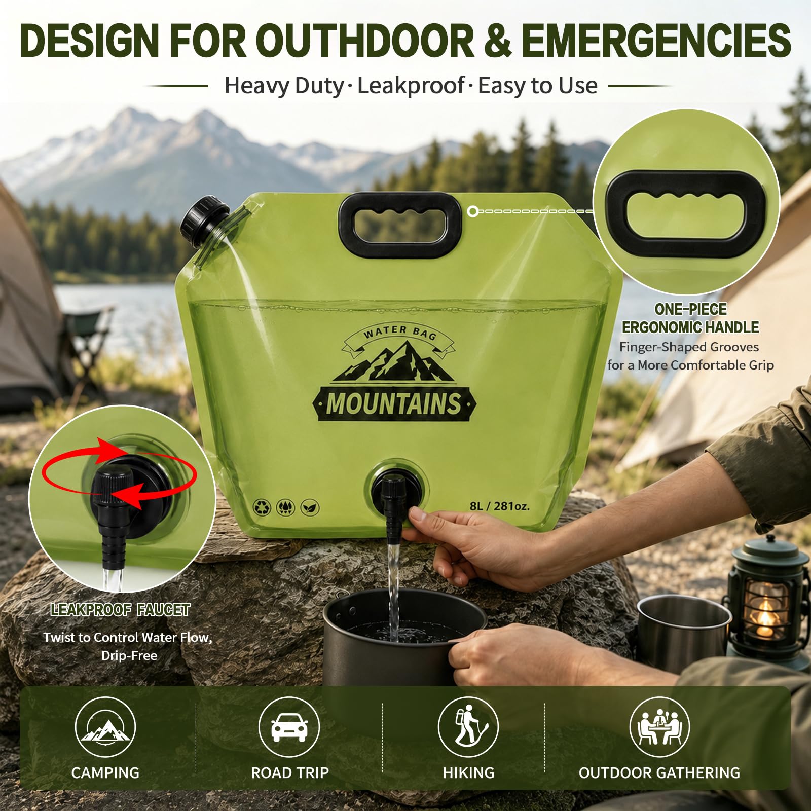 2 Pack Camping Water Container, 2 Gallon Collapsible Water Jug with Spout