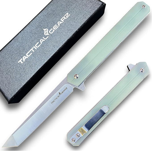 TACTICAL GEARZ Pocket Knife for EDC, G10 Handle, D2 Steel Tanto Blade, Includes Sheath (Oris Ice)
