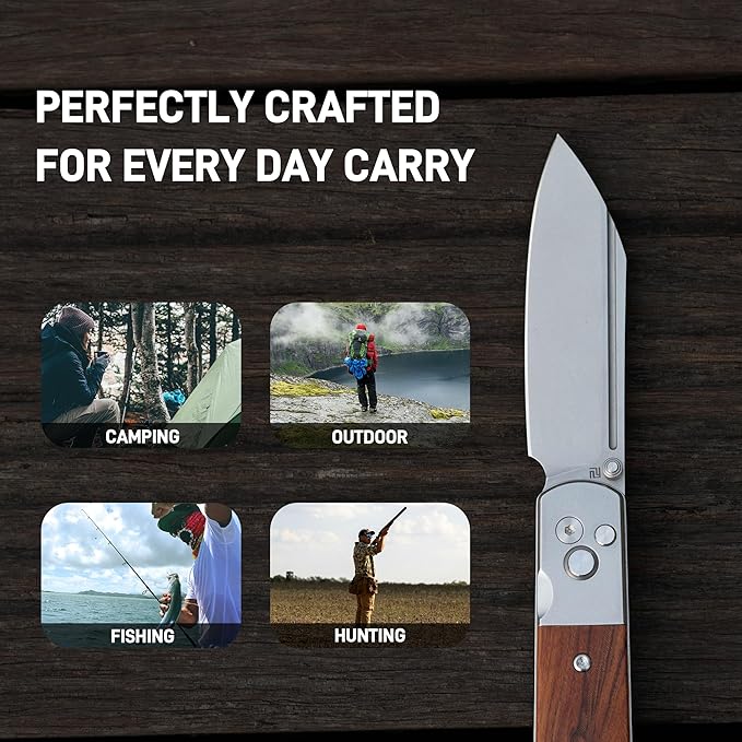 ARTISANCUTLERY Holm Pocket Knife with 3.10'' AR-RPM9 Steel, Handle with Stone Washed Steel and Wood Inlay, Button Lock with Safety Switch Folding Knife for Men, Sharp Camping Survival 1875P Rose Wood