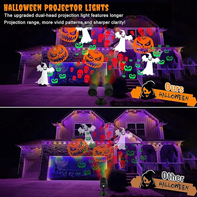 Halloween Projector Lights Outdoor, 2025 Upgraded Double Head Dynamic Rotating Halloween Light Projector Outdoor Waterproof for Home Window Garden Yard Decor