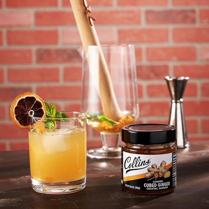 Collins Candied Ginger in Syrup for Cocktails, Gluten Free Skinny Cocktail Garnish for Whiskey, Rum, Martini, Mojito, Gin, Moscow Mule, Tea, Desserts, Baking, Home Bar, 10.6 oz, Set of 1