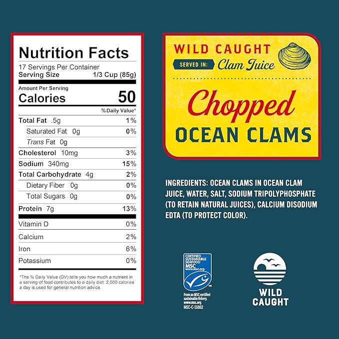 Snow's Ocean Chopped Clams Canned, 51 oz Can - 7g Protein per Serving - Gluten Free, No MSG, 99% Fat Free - Great for Pasta & Seafood Recipes