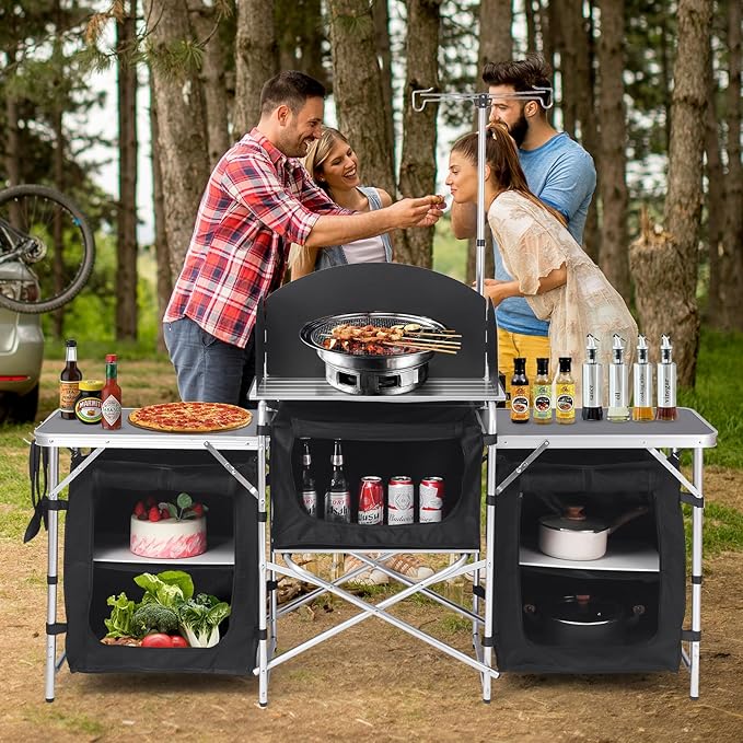 Camping Kitchen Table, Folding Table,Outdoor Cooking Table with Storage Carrying Bag, Aluminum Cook Station with Windscreen and 3 Multifunctional Storage Cupboards, BBQ, Outdoor, RV, Party