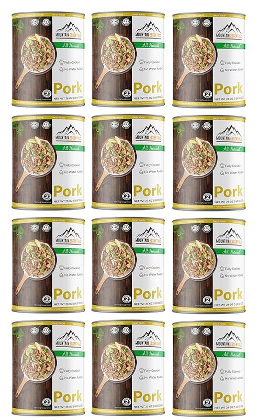 MOUNTAIN ESSENTIALS Canned Pork 28 Oz – Fully Cooked, Ready to Eat – Pantry Staple Canned Meat for Everyday Meals, Emergency Survival & Bulk Food Storage – 5-Year Shelf Life – Made in USA – 12 Pack