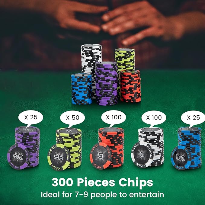 Goplus Poker Chip Set, 300 PCS/500 PCS 14 Gram Clay Poker Chips w/ Aluminum Case, Card Decks, Dealer Buttons, Dices, for Texas Holdem, Blackjack, Casino Gambling (300 PCS Chips Set)