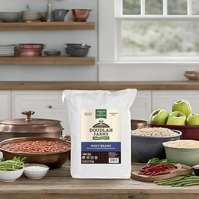 Organic Navy Beans 25 lb Bulk - Non-GMO, USDA Organic, Tested Clean Certified, Vegan - Rich in Fiber & Protein for Soups, Burritos, Salads & Chili - Grown In USA, Farmed From Regenerative Soil by Doudlah Farms