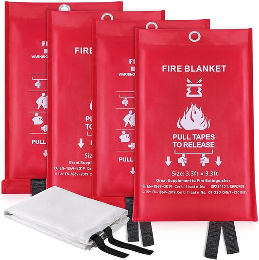 Fire Blanket for Kitchen Home Emergency - Fiberglass Blankets Fire Survival Suspension Flames Retardant Extinguisher Great for Stove Car Garage Office Camping Caravan BBQ Safety (4-Pack)