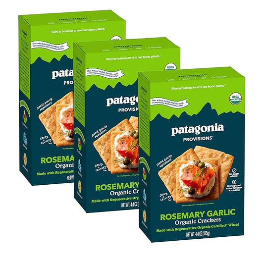 Patagonia Provisions Organic Rosemary Garlic Crackers (3 Pack) – 3g Plant Protein Per Serving – Made with Wheat Flour & Sea Salt – Non-GMO, No Added Sugar - Crispy & Crunchy