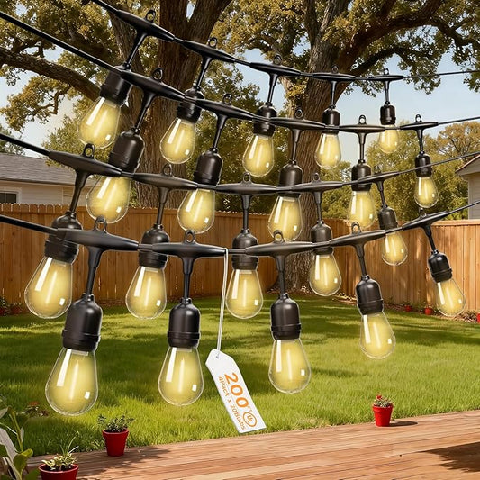 Outdoor Safety String Lights 200FT - Commercial Grade Low Voltage Strand with 80 S14 Shatterproof Bulbs for Tree Garden Yard bistro Cafe | Warm Yellow 3500K Party Lights | IP65 Waterproof | UL Listed