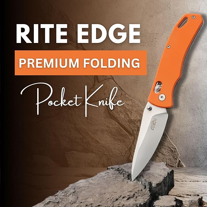 Rite Edge Premium 4.25" Moss G10 Rolling Lock (RLS) Folding Knife ??Stainless Steel Blade, Green G10 Handle, Belt Clip Tactical Survival Fishing Camping Knife - Orange