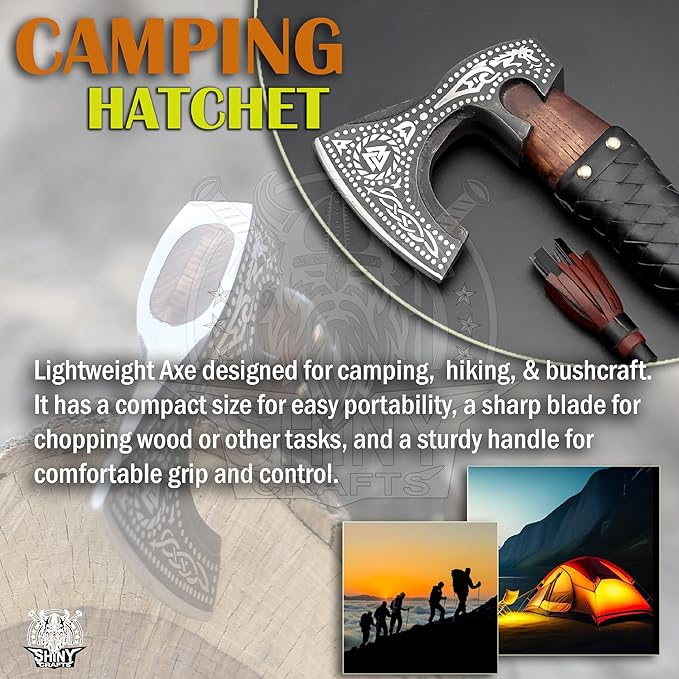 SHINY CRAFTS®- Engraved Viking Axe – Gift for Outdoorsman Hand-Forged Hatchet with Leather Wrap Ideal for Holiday or Wedding Gifts (SCA-10)