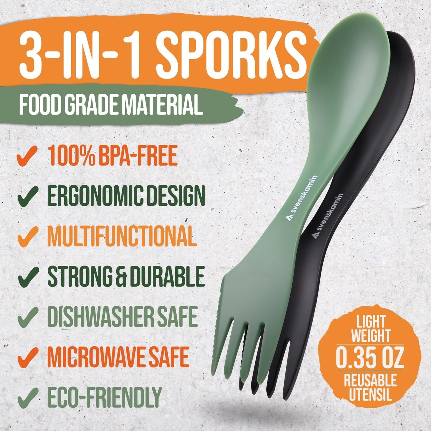 Reusable Camping Spork Set 2-Pack - 3-in-1 Travel Sporks, Lightweight Durable Utensils & Silverware