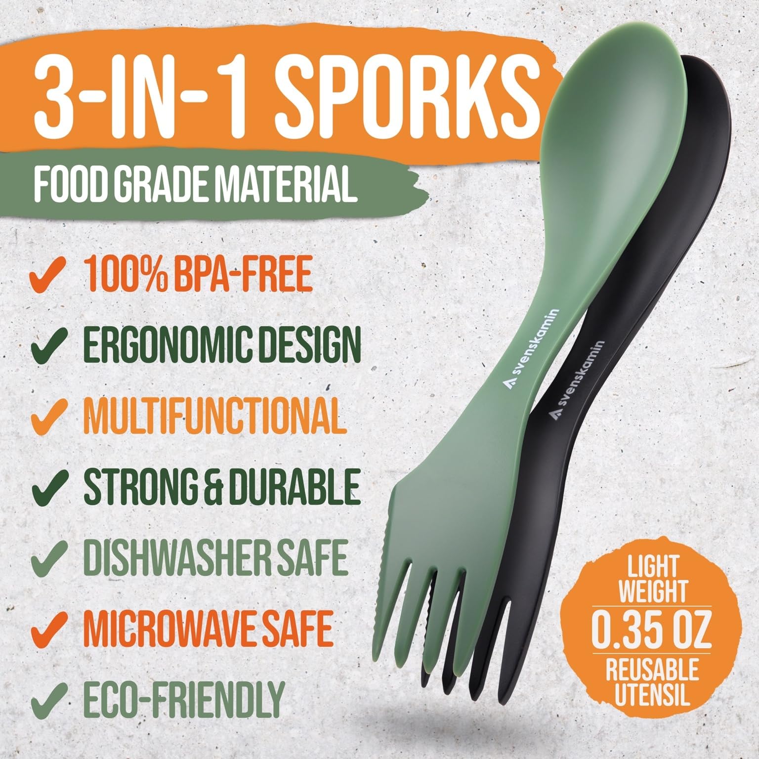 Reusable Camping Spork Set 2-Pack - 3-in-1 Travel Sporks, Lightweight Durable Utensils & Silverware
