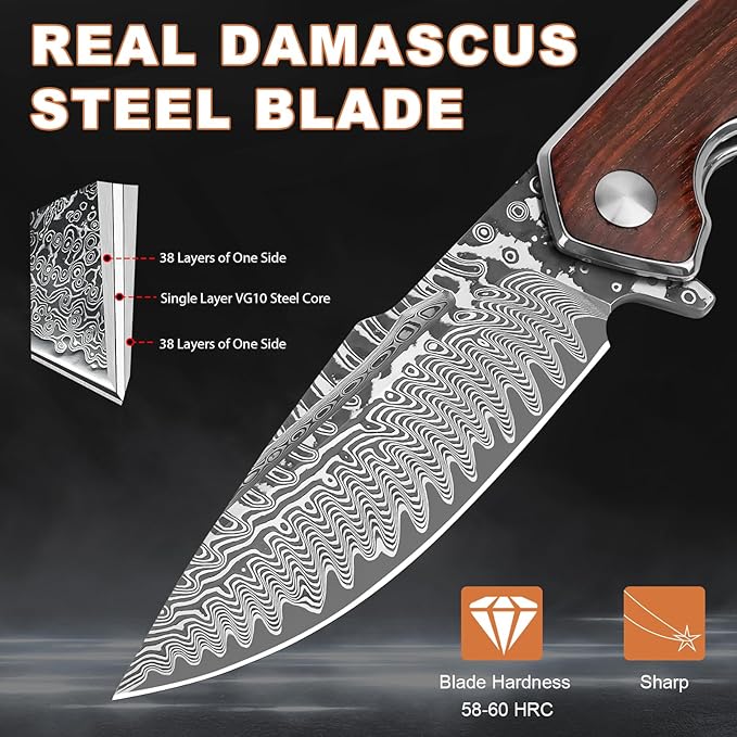 AUBEY Damascus Pocket Knife with Clip, Damascus Steel Blade Folding Knives with Ball Bearing, EDC Knife for Outdoor Camping Collection (Wooden Handle)