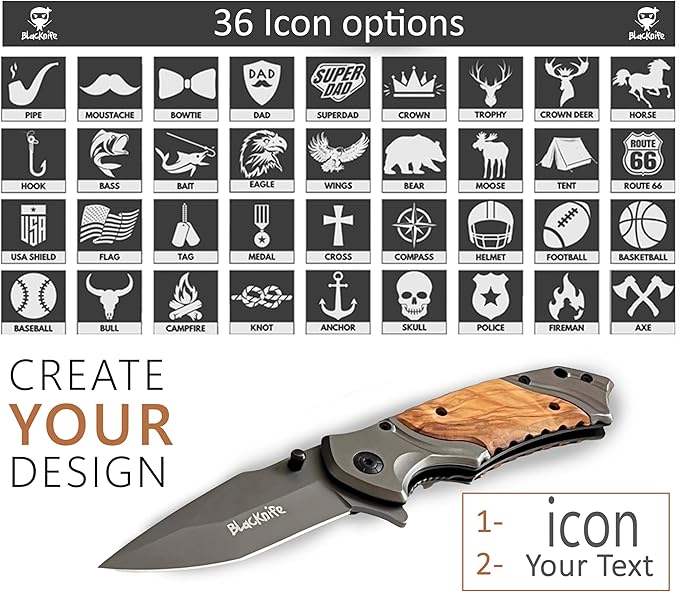 BlacKnife Personalized Pocket Knife for Men, Engraved Icon, Name & Text - 36 Icons & 20 Fonts - Dad Gifts, Custom Knife for Fishing, Camping