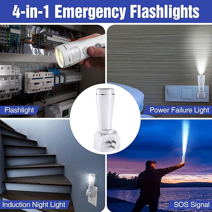 Enhon 4 in 1 LED Emergency Lights for Home Power Failure, 3 Pack Rechargeable Plug in Flashlight Motion Sensor Night Light, Automatic Turn On Power Outage Light for Home Hurricane Supplies(White)