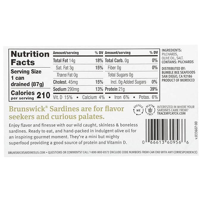 Brunswick Wild Caught Skinless and Boneless Sardines, Served in Olive Oil, 4.4 Ounce (Pack of 6)