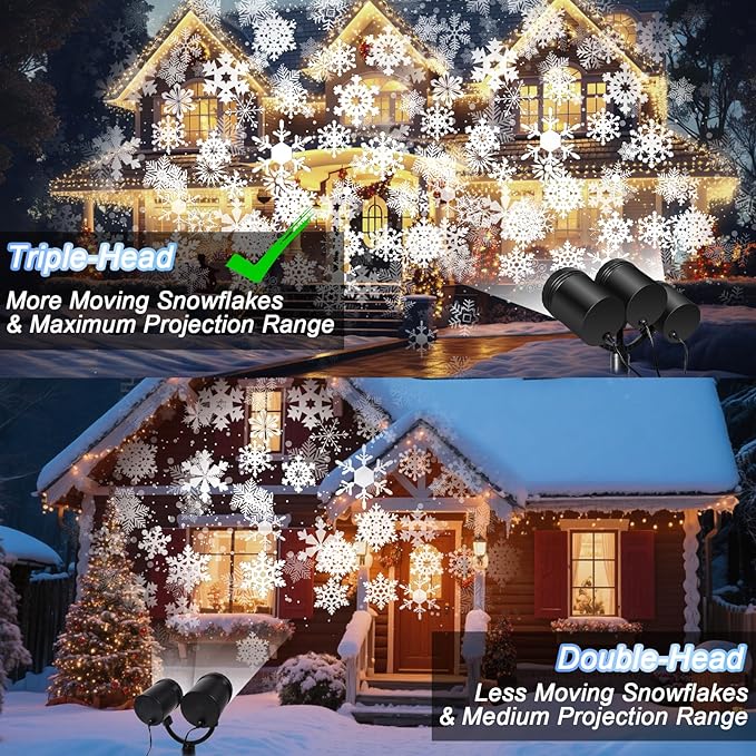 Snowflake Christmas Projector Lights Outdoor, [Timer] Triple Head Snowflake Projector Light, Waterproof 360°Rotating LED Snowfall Projector for Holiday Party Yard Garden Indoor Christmas Decoration
