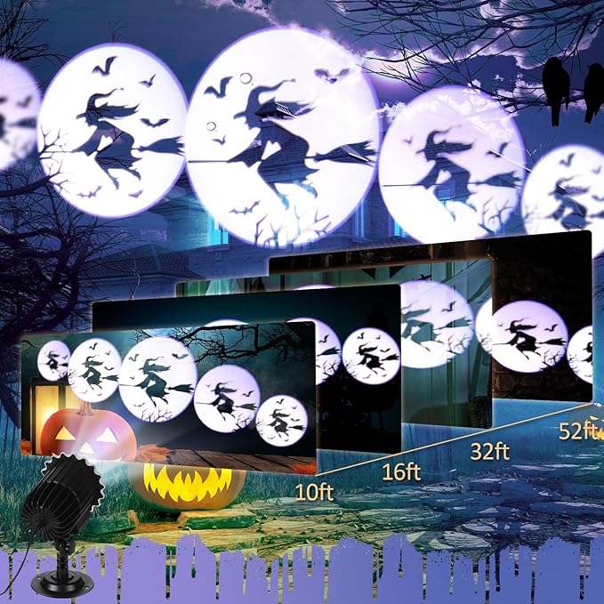Halloween Projector Light with 1 Film Slides Holiday LED Projector Lights Outdoor Reflectors Waterproof Landscape Decorative Rotation Lighting Movement Projection Lamp(Witch)