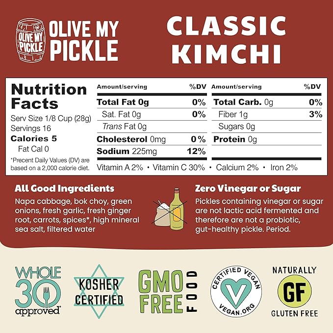 Olive My Pickle Organic Kimchi Fermented - 16 oz | 1 Pack of Classic Probiotic Napa Cabbage Kimchi | Fresh Korean Kimchi with Natural Probiotics for Gut Health - Perfect for Ramen & Spicy Noodles