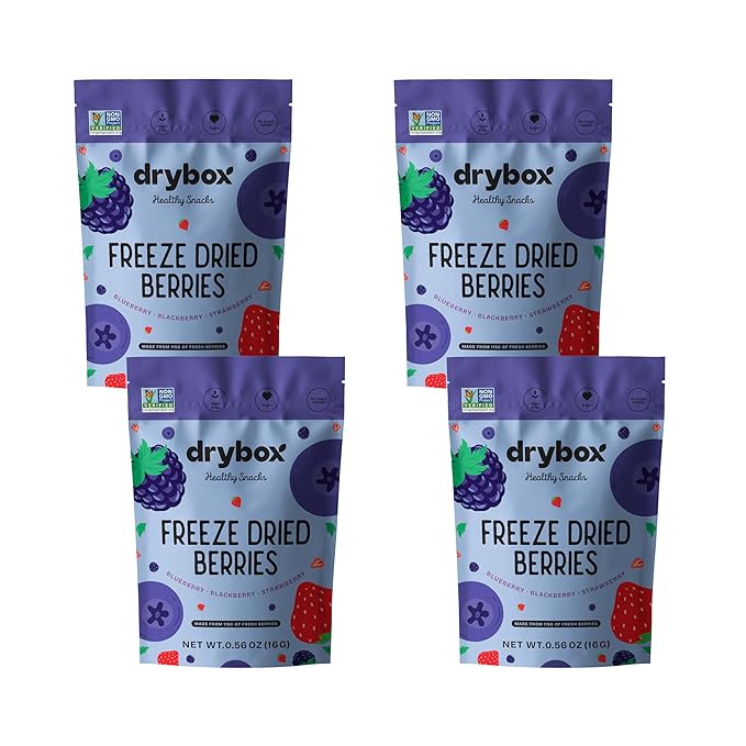 Drybox Freeze Dried Mixed Berries | 100% Natural Fruit | Freeze Dried Berry Source | No Sugar & Additives | Healthy Snack & Topping for Beverages or Recipes | Non-GMO, Vegan, Gluten Free, 0.56 oz 4 pack