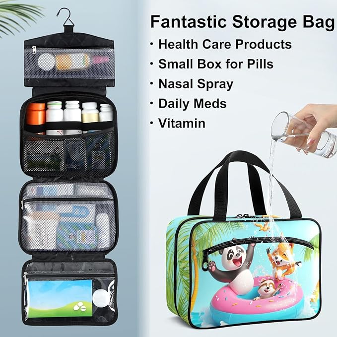 Fustylead Cute 3d Happy Panda Fox Raccoon at Pool Travel Medicine Organizer Bag Home Storage First Aid Kit Large Pill Case with Zipper for Pill Bottle, Vitamins, and Medical Supplies