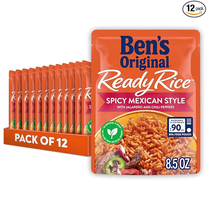 BEN'S ORIGINAL Ready Rice Spicy Mexican Style Flavored Rice, Easy Dinner Side, 8.5 oz Pouch (Pack of 12)