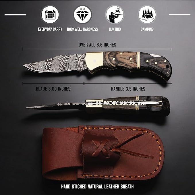 6.5 inch Damascus Pocket Knife with Sheath, Handmade Folding Pocket Knife for Men, Black-Red Wooden Handle with Brass Bolster, Secure Lock Back Camping Knife for EDC,Hunting,Hiking (Brown)