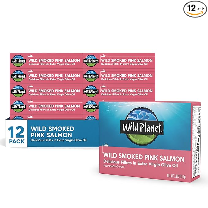 Wild Planet Wild Smoked Pink Salmon Fillets in Extra Virgin Olive Oil, Tinned Fish, Canned Salmon, Sustainably Wild-Caught, Non-GMO, Keto and Paleo, 3.9 oz, pack of 12