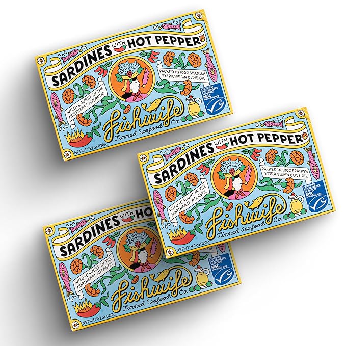 Fishwife Sardines with Hot Pepper 3-Pack (4.20 Ounce) | Wild-Caught & Hand-Packed with Spanish Extra Virgin Olive Oil | MSC-Certified Sustainable Seafood, High Protein, Gluten Free, Paleo Friendly, Keto Friendly, Omega-3s